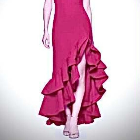 BETSY & ADAM Arielle Ruffle Slit Scuba Crepe High\Low Gown Fuchsia 4P MSRP $269 - Picture 3 of 6